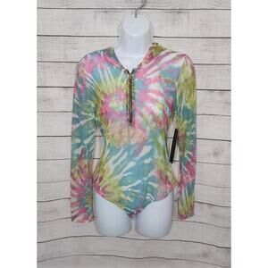 Minette Rainbow Tie Dye Semi Sheer Hoodie Bodysuit Sz Medium